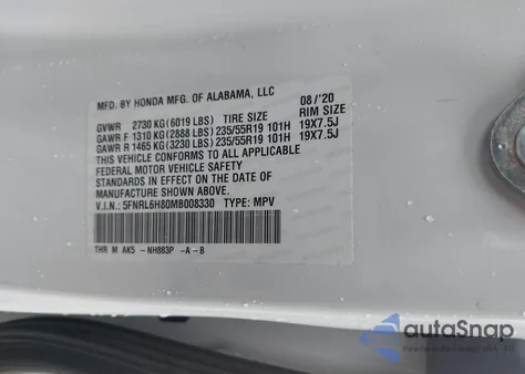 2021 Honda Odyssey Touring z USA, uszkodzony, nr VIN 5FNRL6H80MB008330